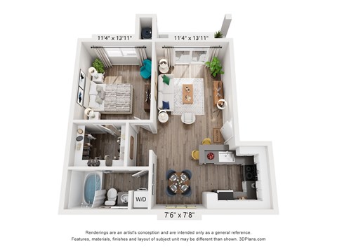 Floor plan for 1 bed, 1 bath, 700 sqft